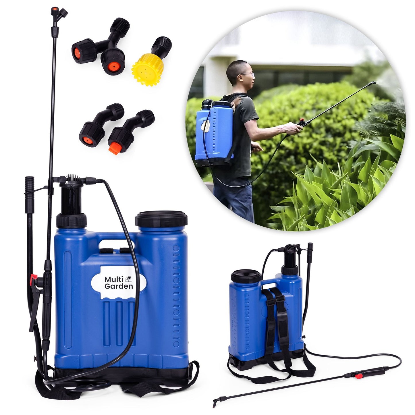 Backpack pressure sprayer 16L, garden, handheld, 2-4 bar, long lance, 4 nozzles, straps, MultiGarden