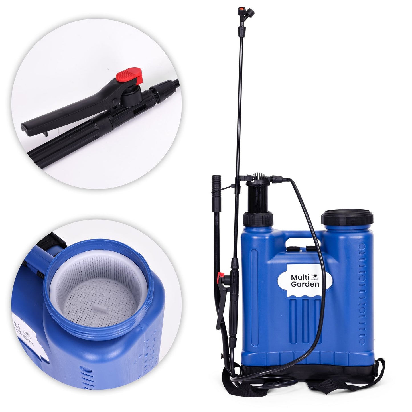 Backpack pressure sprayer 16L, garden, handheld, 2-4 bar, long lance, 4 nozzles, straps, MultiGarden
