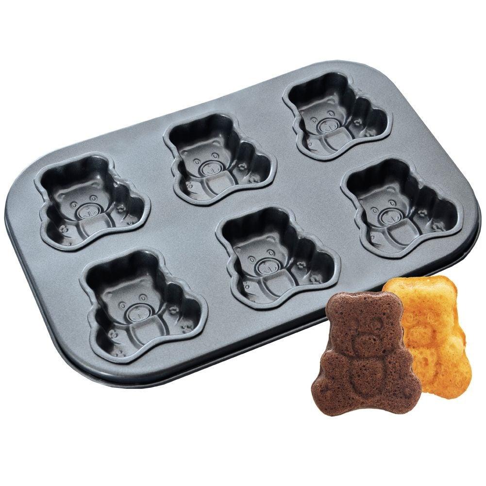 Baking pan for six bear-shaped cookies, non-stick carbon steel