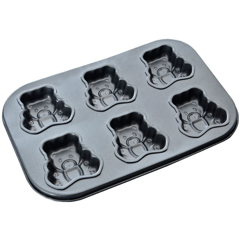 Baking pan for six bear-shaped cookies, non-stick carbon steel