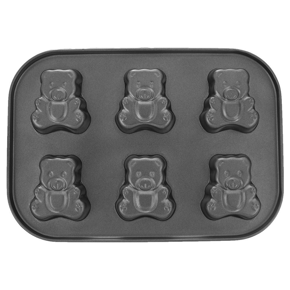 Baking pan for six bear-shaped cookies, non-stick carbon steel