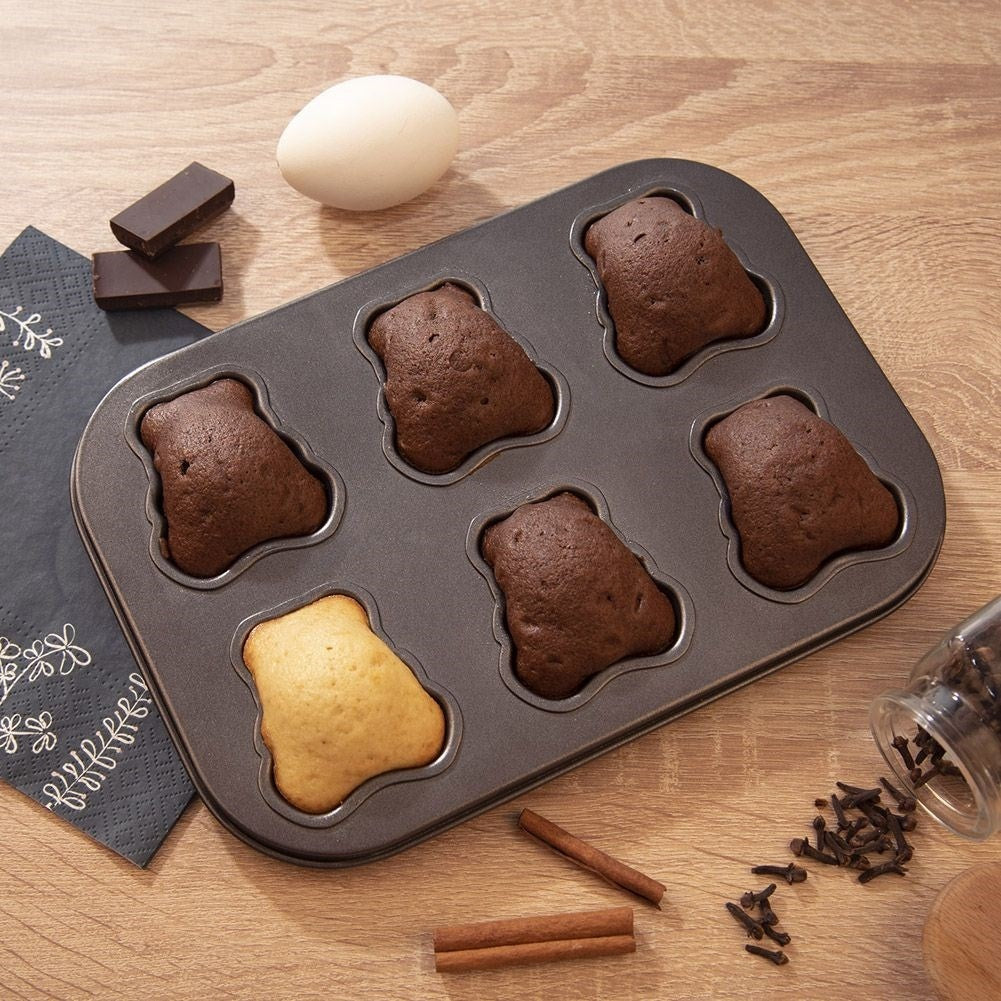 Baking pan for six bear-shaped cookies, non-stick carbon steel
