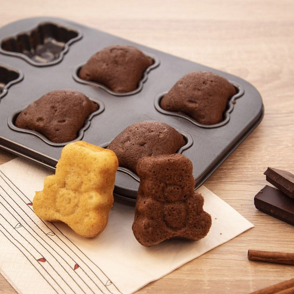 Baking pan for six bear-shaped cookies, non-stick carbon steel