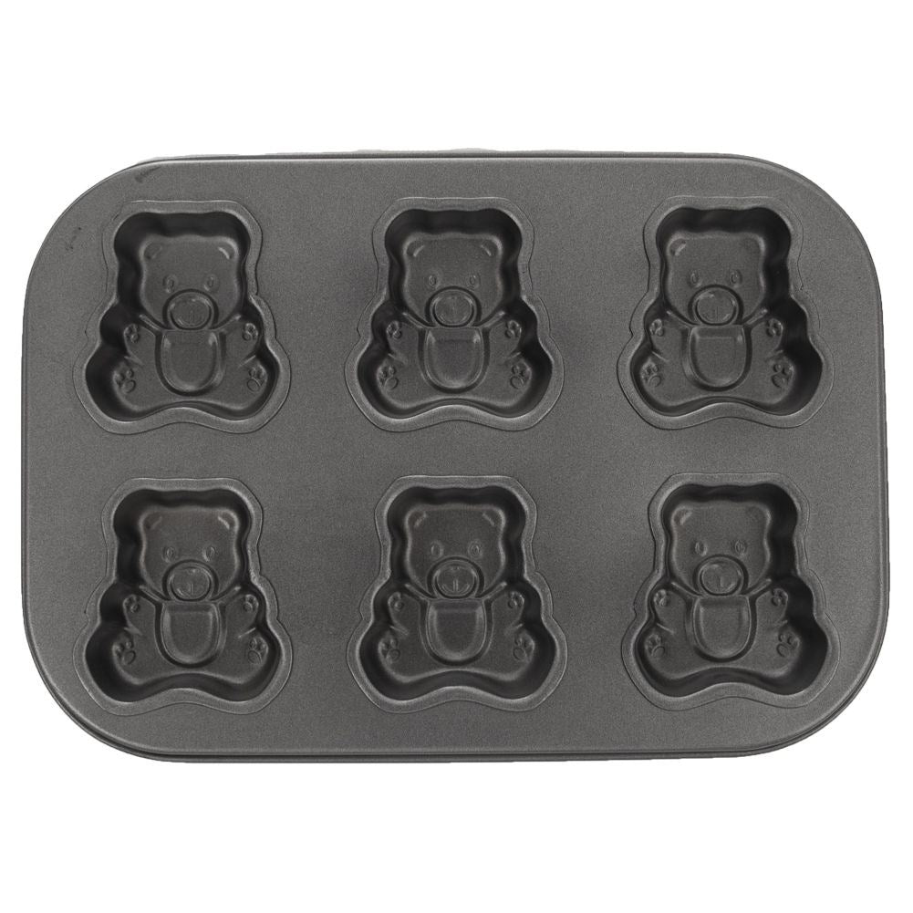 Baking pan for six bear-shaped cookies, non-stick carbon steel