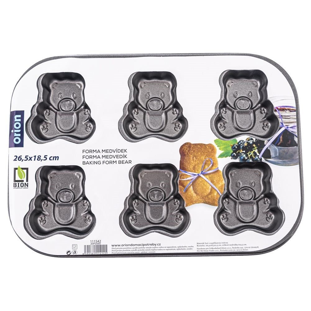 Baking pan for six bear-shaped cookies, non-stick carbon steel