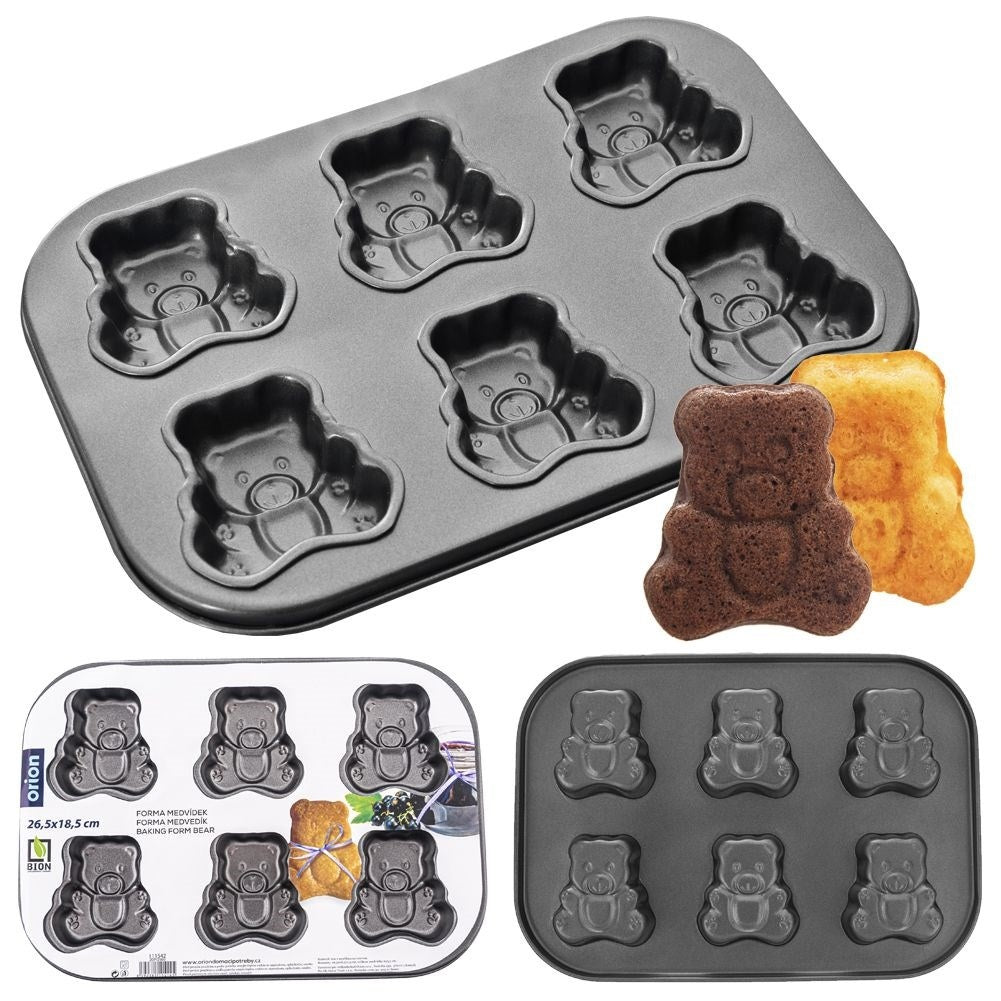 Baking pan for six bear-shaped cookies, non-stick carbon steel
