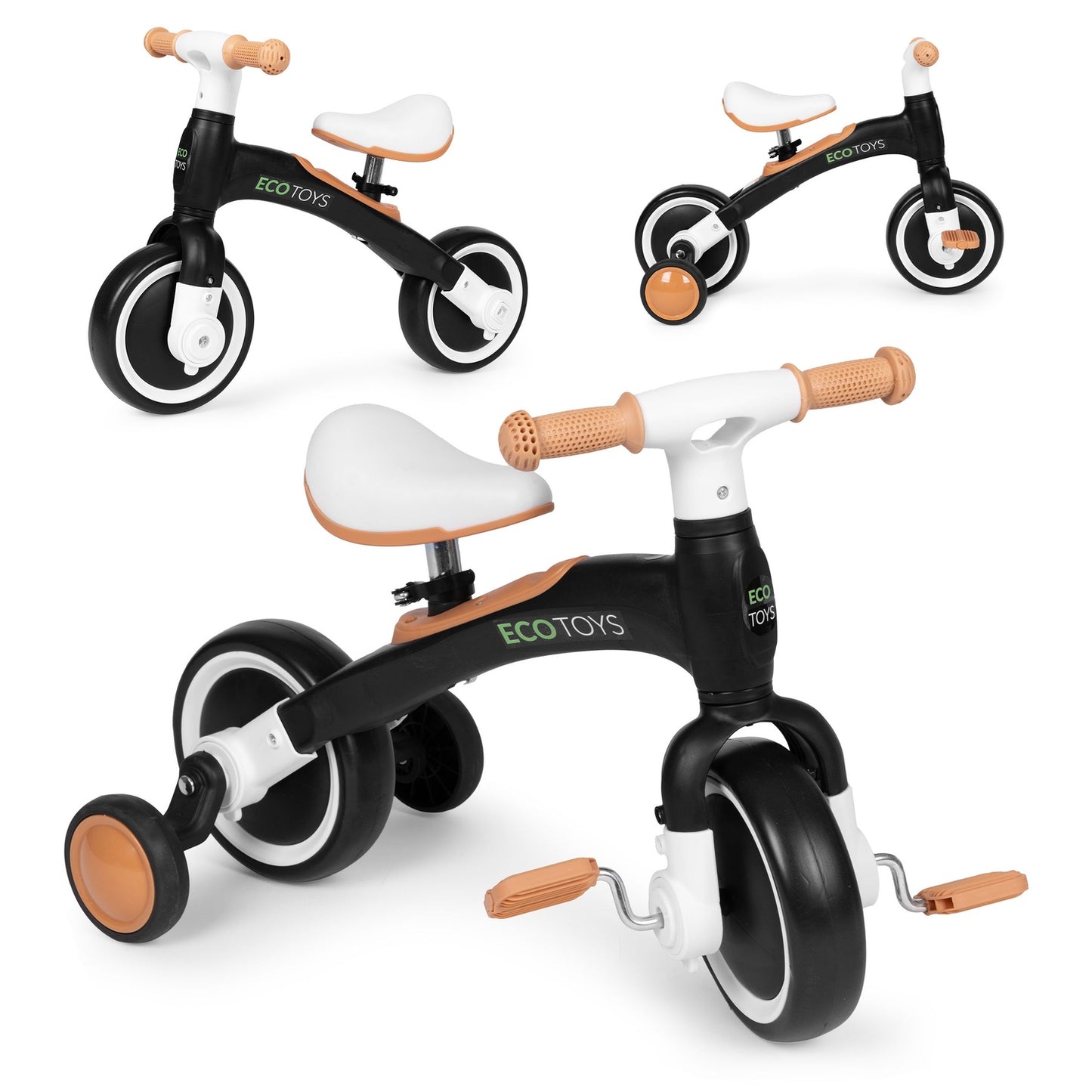 Balance bike with pedals - training, 3-in-1, side wheels, black, ECOTOYS
