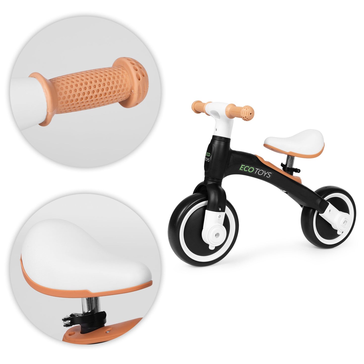 Balance bike with pedals - training, 3-in-1, side wheels, black, ECOTOYS