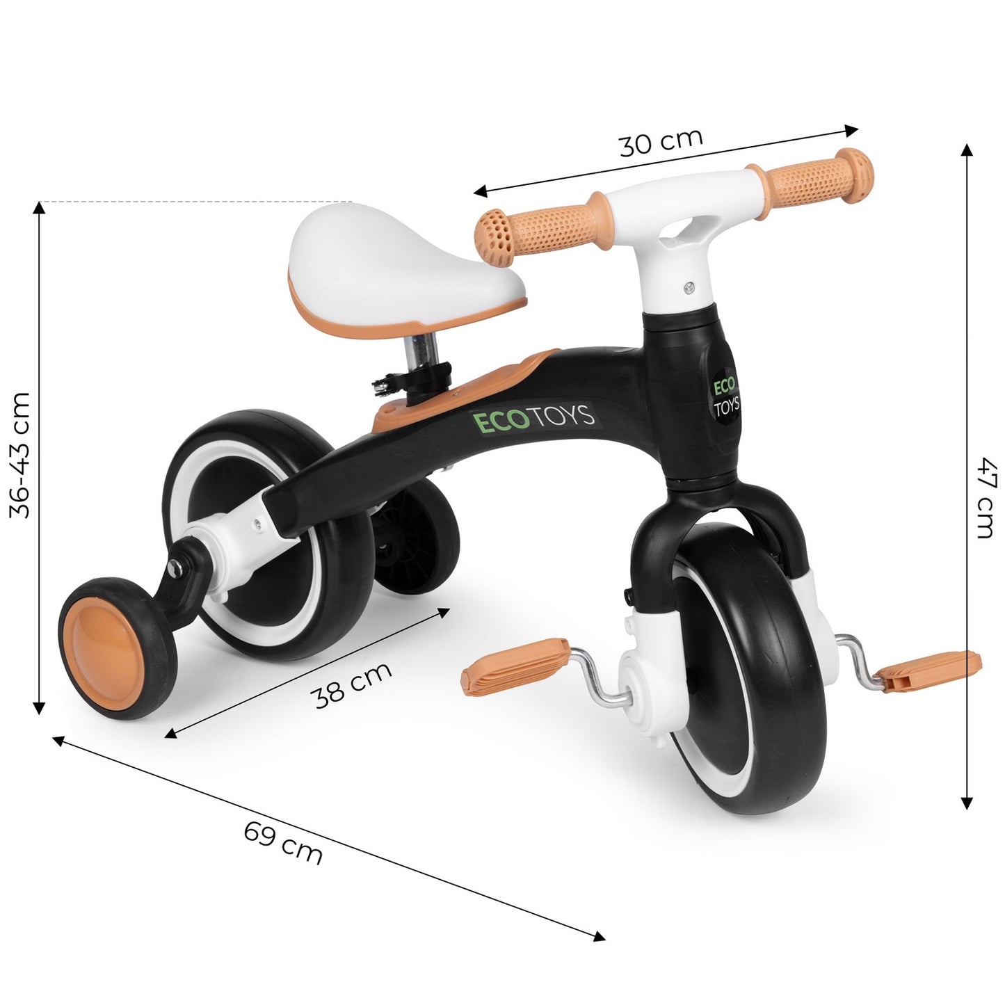 Balance bike with pedals - training, 3-in-1, side wheels, black, ECOTOYS