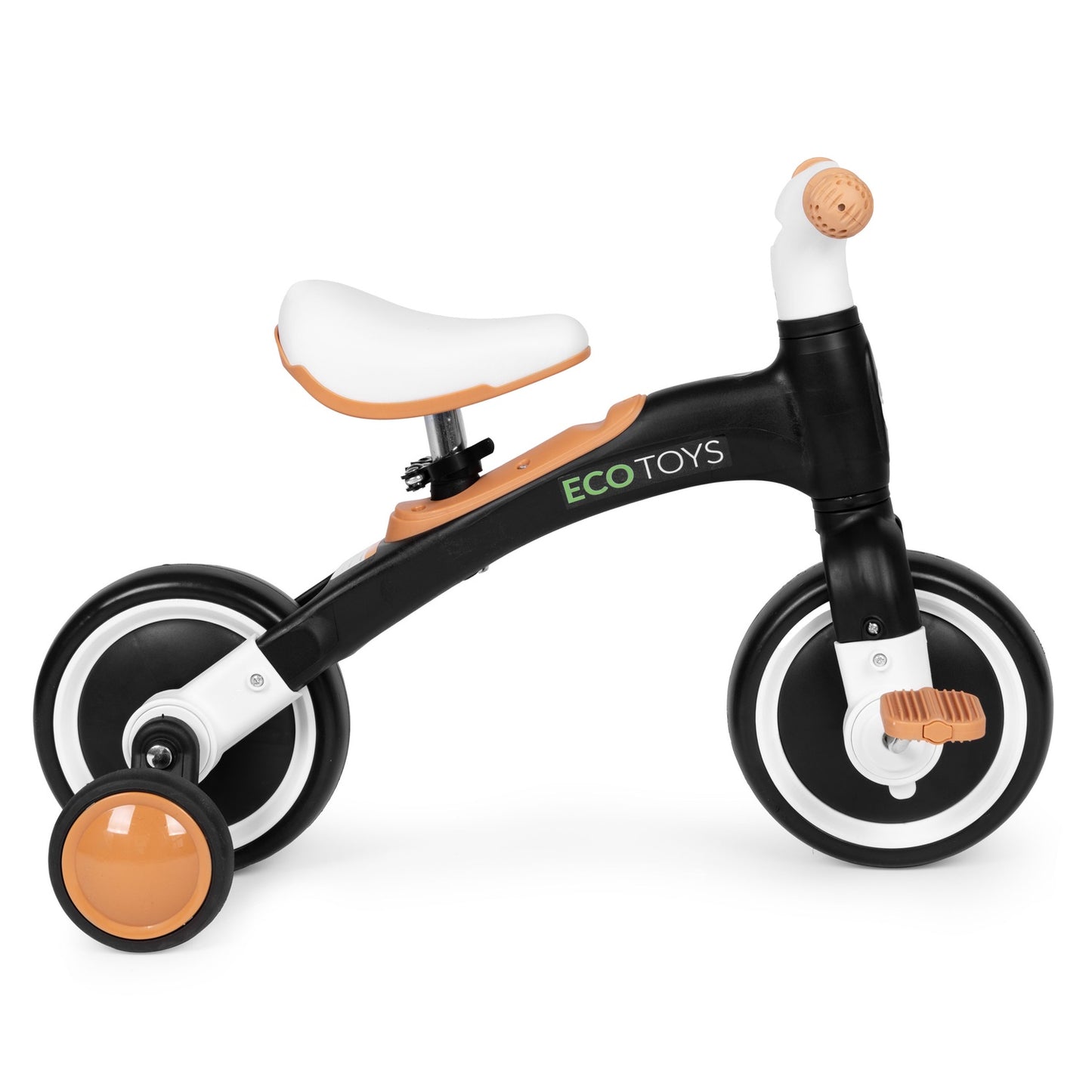 Balance bike with pedals - training, 3-in-1, side wheels, black, ECOTOYS