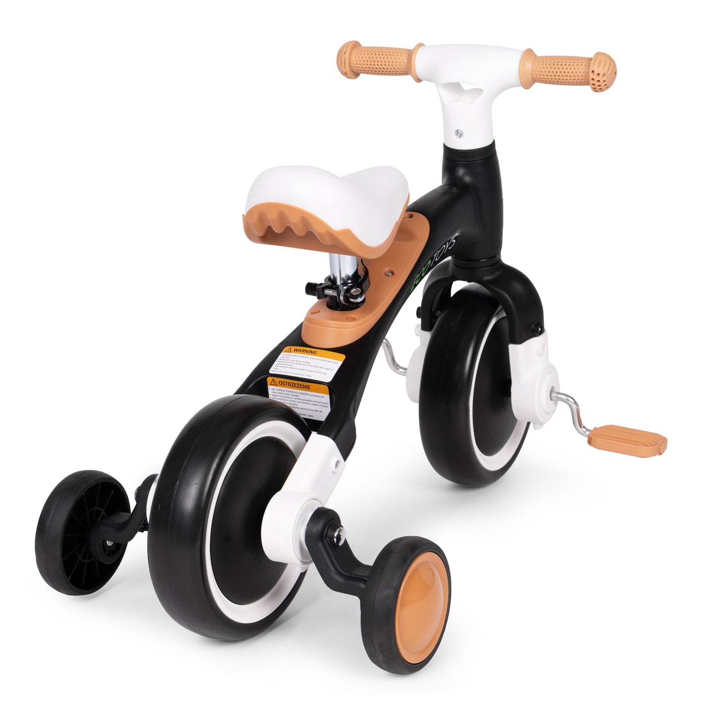 Balance bike with pedals - training, 3-in-1, side wheels, black, ECOTOYS
