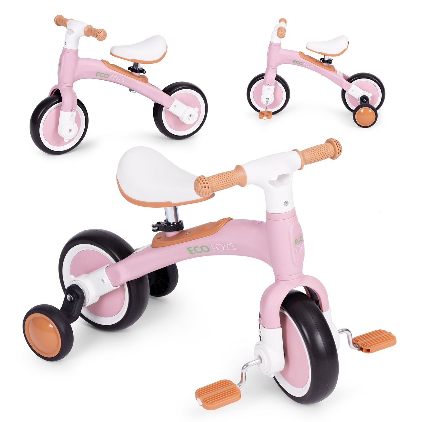 Balance bike with pedals - training side wheels 3in1 pink ECOTOYS