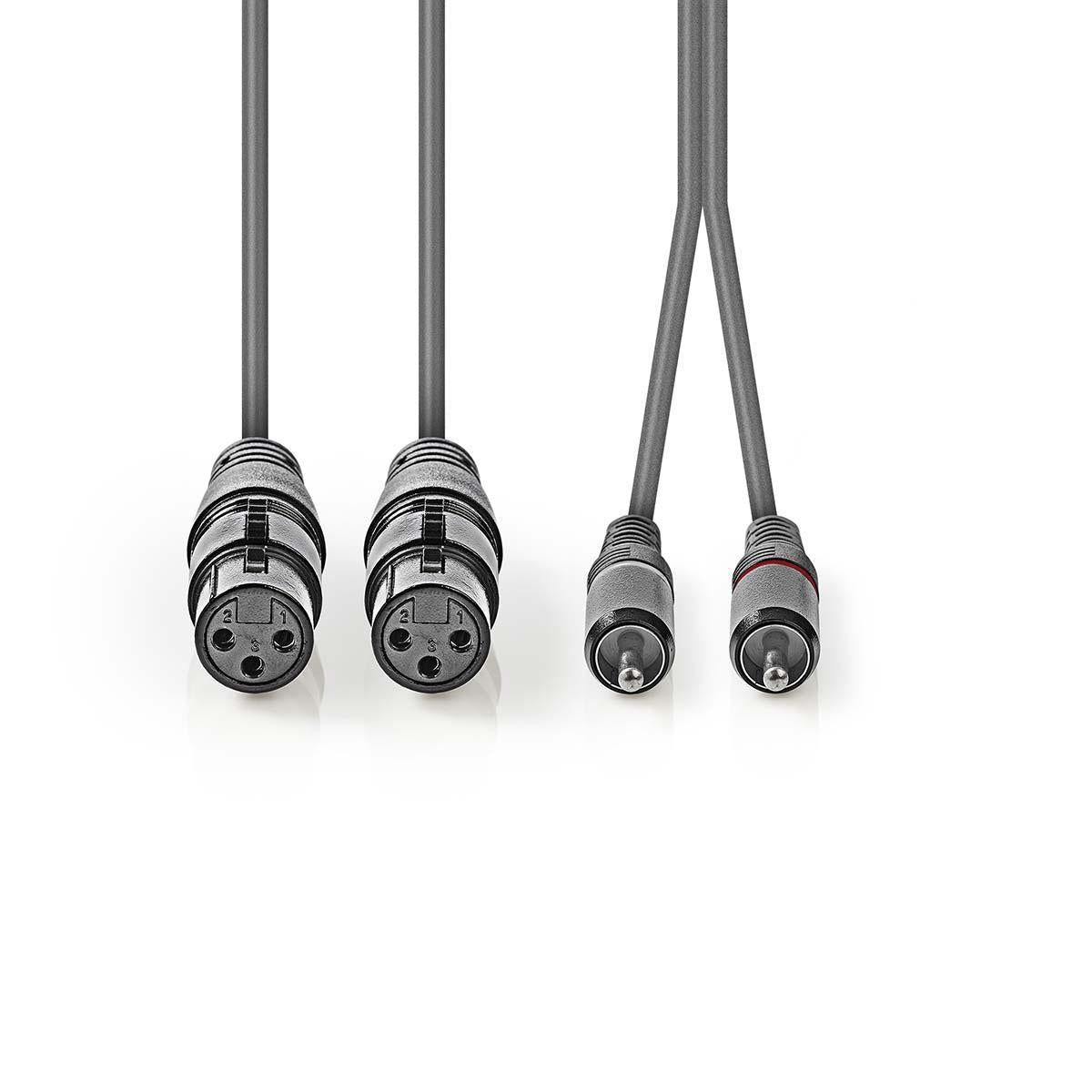 Balanced audio cable | 2x XLR 3-Pin Female | 2x RCA Male | Nickel Plated | 3.00 m | Round | PVC | Dark gray | Cardboard sleeve