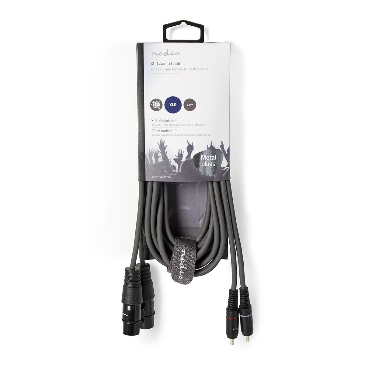 Balanced audio cable | 2x XLR 3-Pin Female | 2x RCA Male | Nickel Plated | 3.00 m | Round | PVC | Dark gray | Cardboard sleeve