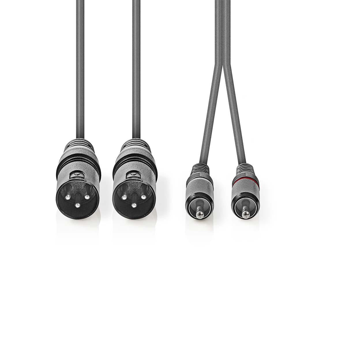 Balanced audio cable | 2x XLR 3-Pin Male | 2x RCA Male | Nickel Plated | 3.00 m | Round | PVC | Dark gray | Cardboard sleeve
