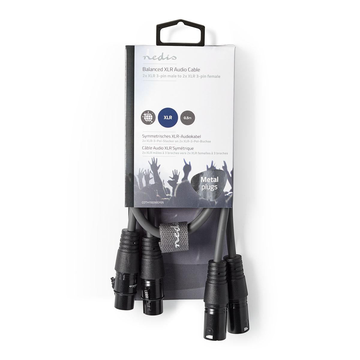 Balanced audio cable | 2x XLR 3-Pin Male | 2x XLR 3-Pin Female | Nickel Plated | 0.50 m | Round | PVC | Dark gray | Cardboard sleeve