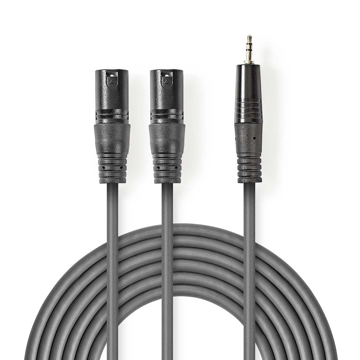 Balanced audio cable | 2x XLR 3-Pin Male | 3.5 mm Male | Nickel Plated | 3.00 m | Round | PVC | Dark gray | Cardboard sleeve