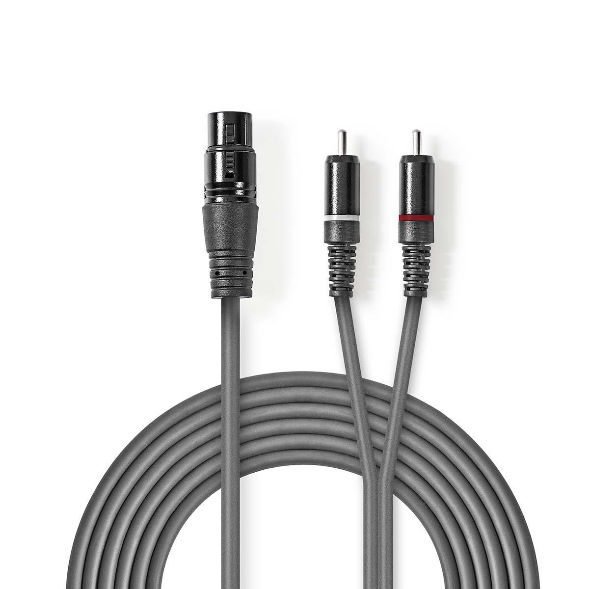 Balanced audio cable | XLR 3-pin female | 2x RCA Male | Nickel Plated | 3.00 m | Round | PVC | Dark gray | Cardboard sleeve