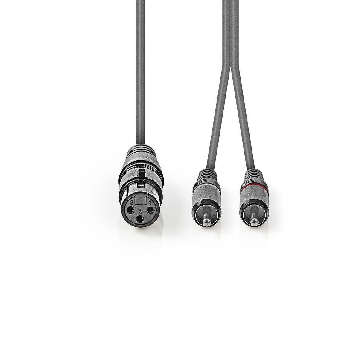 Balanced audio cable | XLR 3-pin female | 2x RCA Male | Nickel Plated | 3.00 m | Round | PVC | Dark gray | Cardboard sleeve