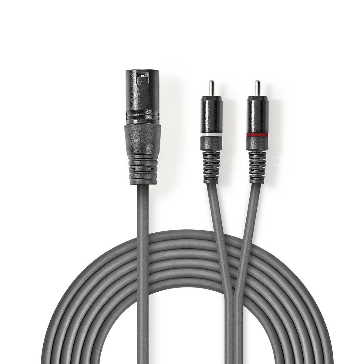 Balanced audio cable | XLR 3-pin male | 2x RCA Male | Nickel Plated | 3.00 m | Round | PVC | Dark gray | Cardboard sleeve