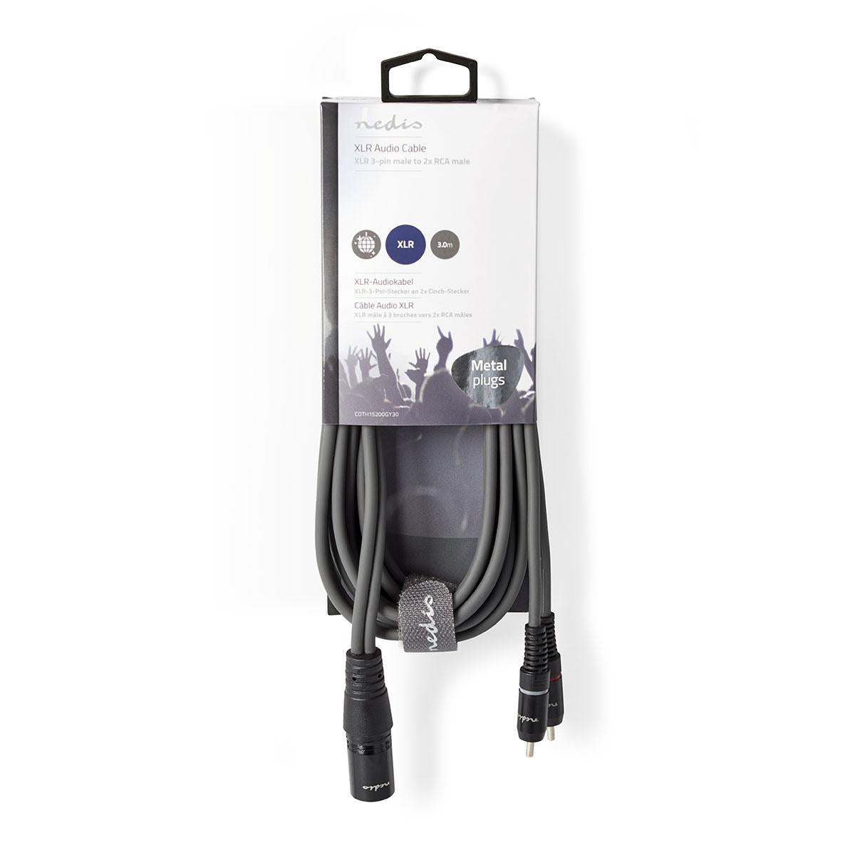 Balanced audio cable | XLR 3-pin male | 2x RCA Male | Nickel Plated | 3.00 m | Round | PVC | Dark gray | Cardboard sleeve