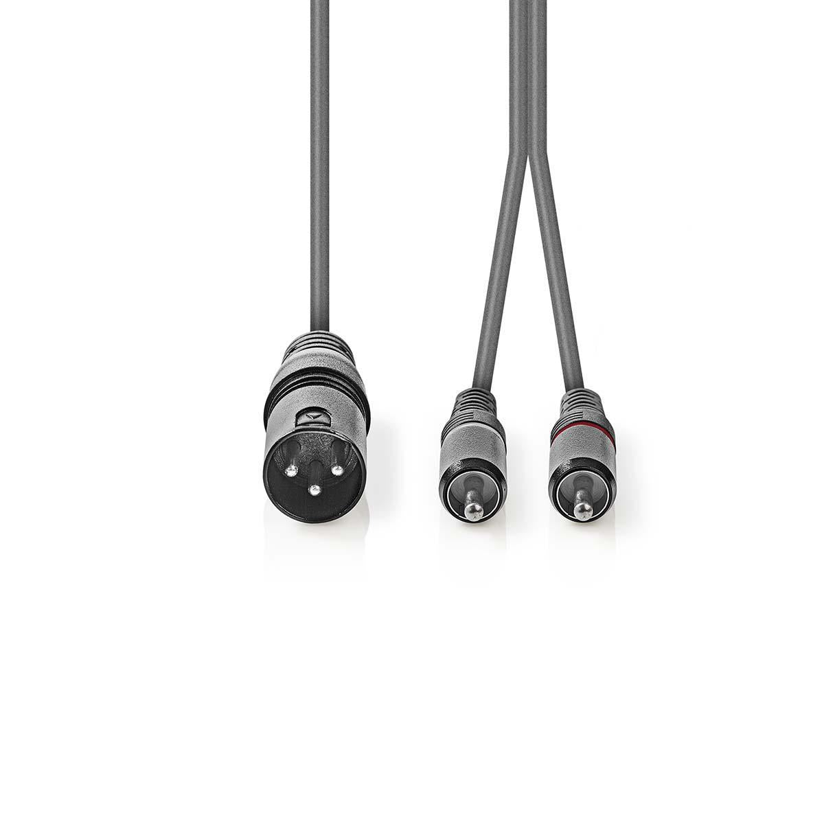 Balanced audio cable | XLR 3-pin male | 2x RCA Male | Nickel Plated | 3.00 m | Round | PVC | Dark gray | Cardboard sleeve