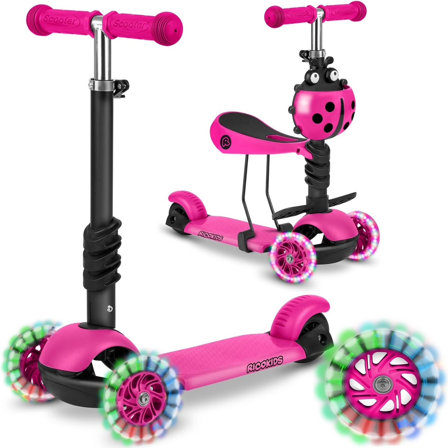 3-in-1 Kids Pink Balance Scooter with LED Wheels