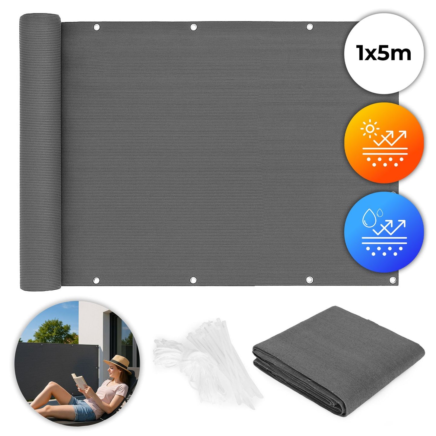 Balcony Privacy Screen with Fittings 100x500 cm Shading Mesh + Mounting Accessories Grey MultiGarden