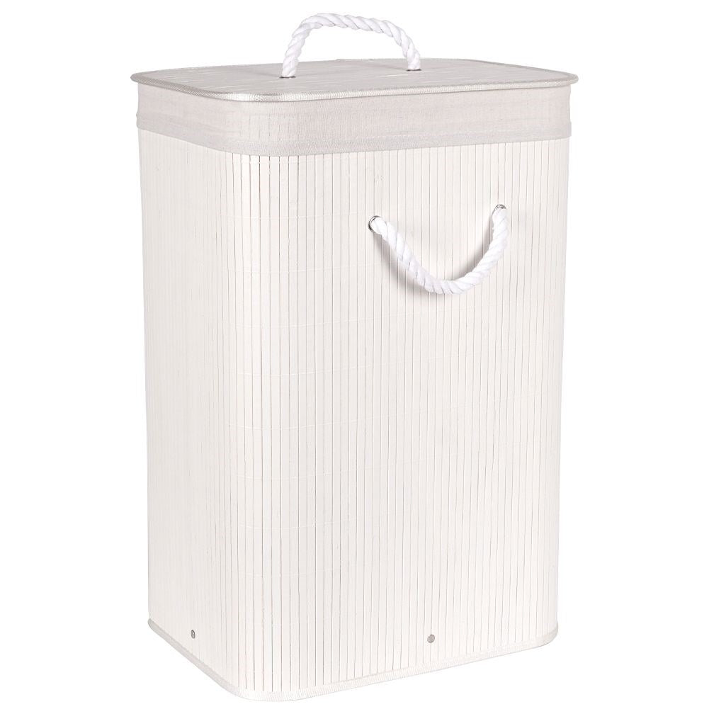 Bamboo basket in white with removable lid and inner lining