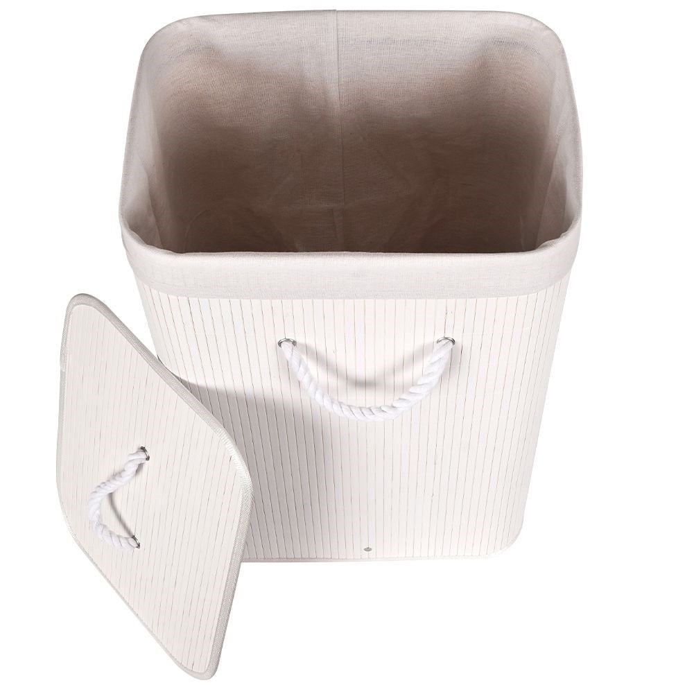 Bamboo basket in white with removable lid and inner lining