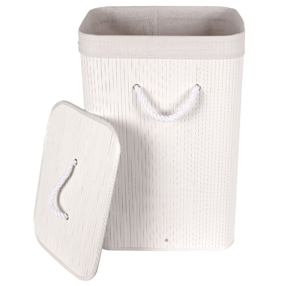 Bamboo basket in white with removable lid and inner lining
