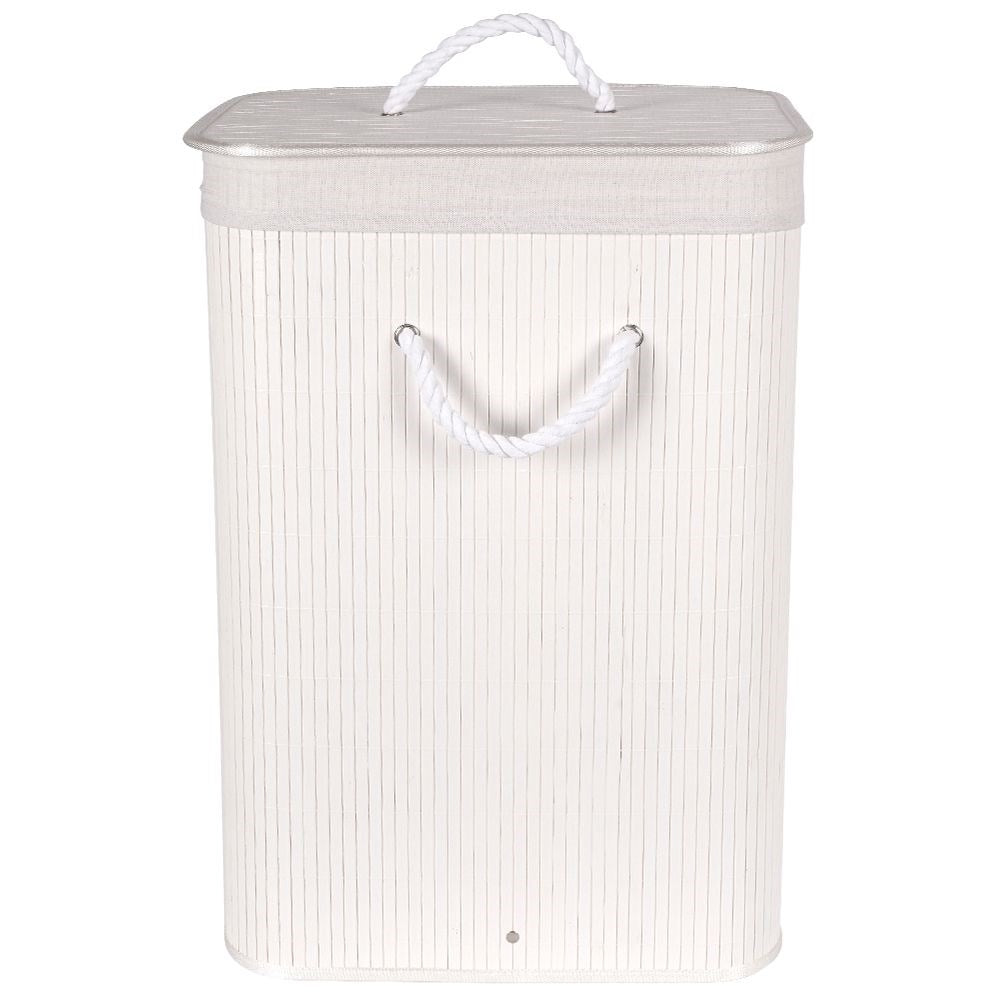 Bamboo basket in white with removable lid and inner lining
