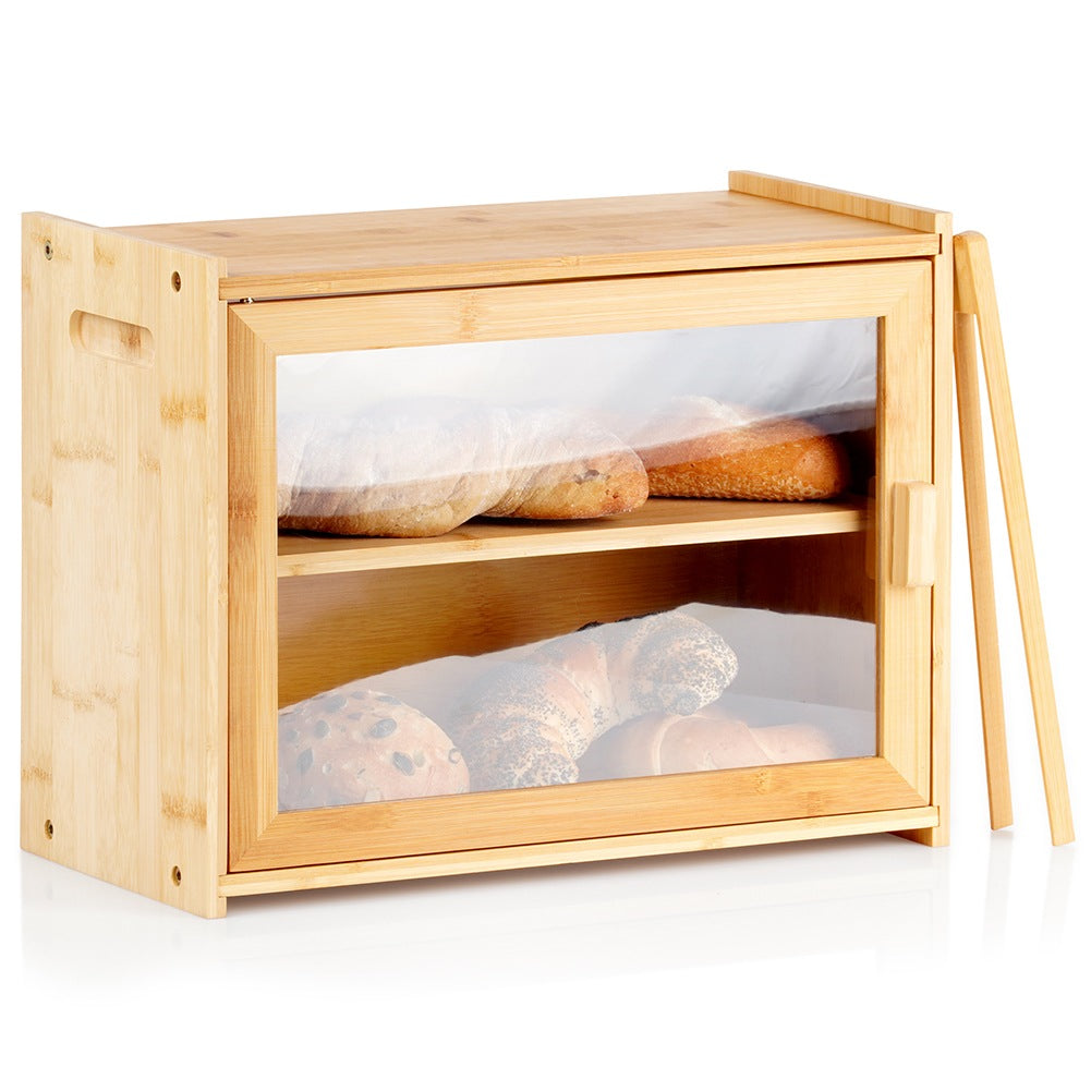 Bamboo bread bin with tongs, two-level, 40x20x31 cm