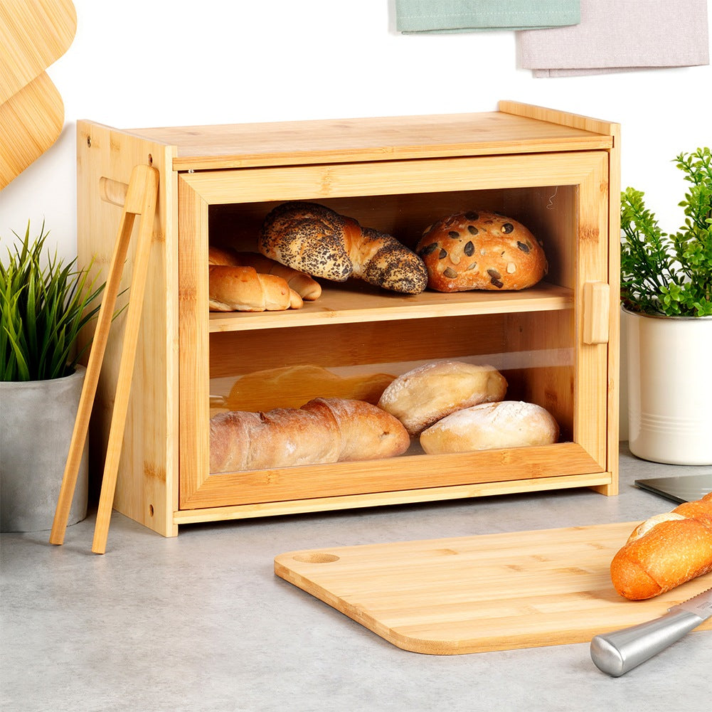 Bamboo bread bin with tongs, two-level, 40x20x31 cm