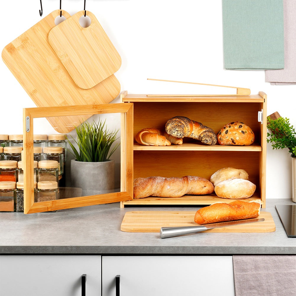 Bamboo bread bin with tongs, two-level, 40x20x31 cm