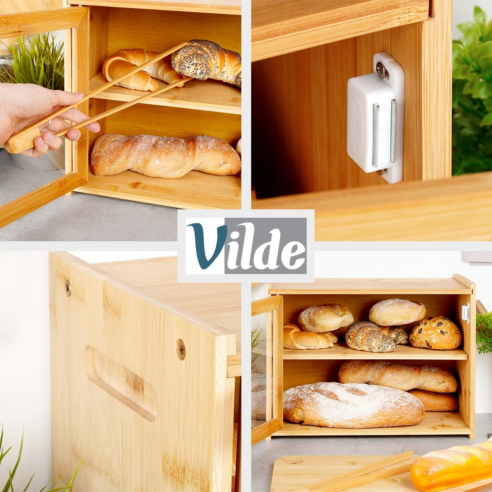 Bamboo bread bin with tongs, two-level, 40x20x31 cm