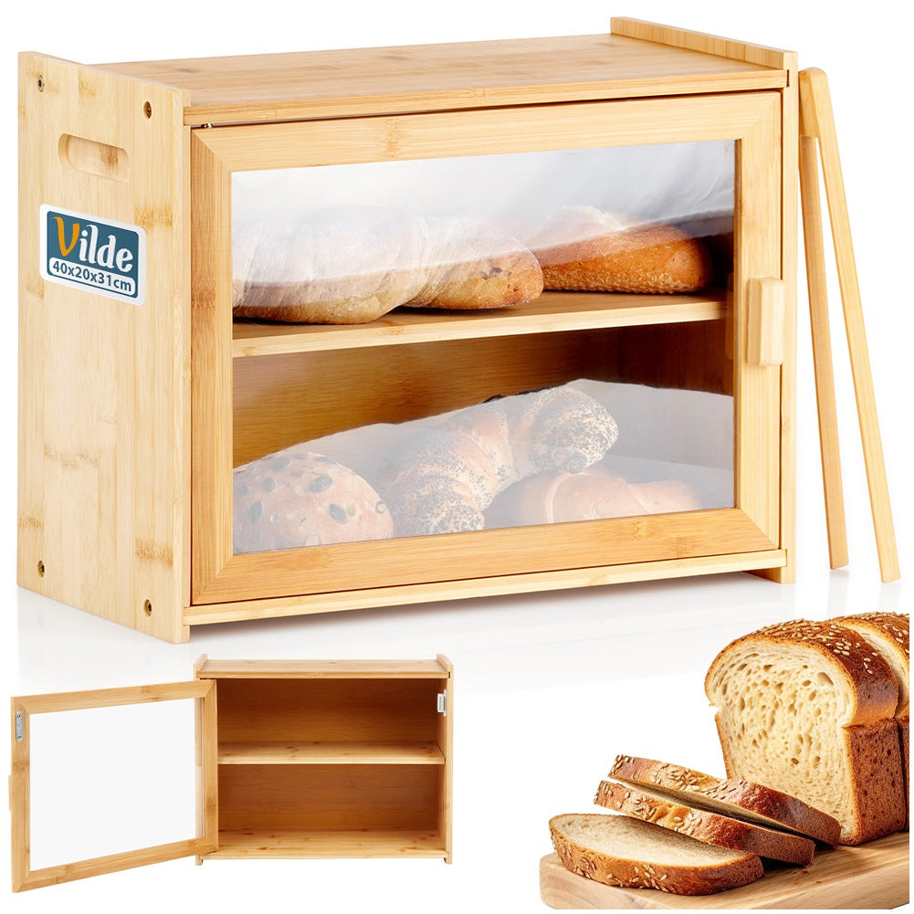 Bamboo bread bin with tongs, two-level, 40x20x31 cm