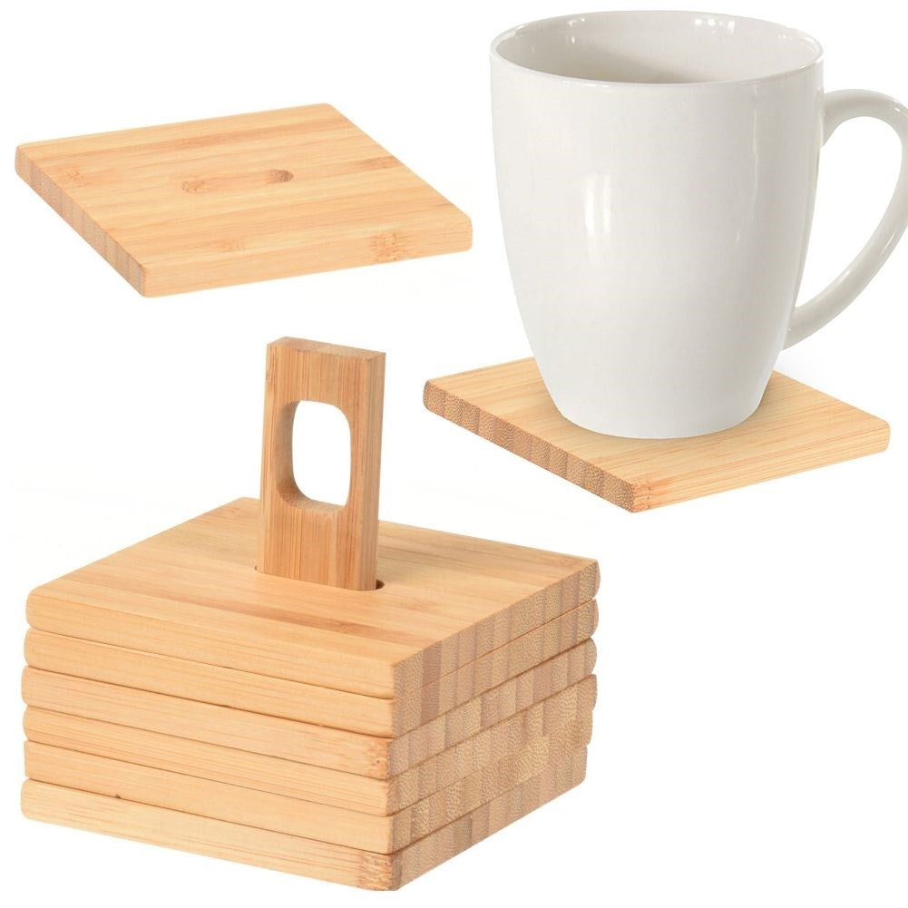 Bamboo coasters for mugs and glasses - 6-pack with holder