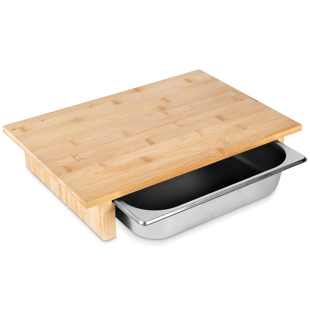 Bamboo cutting board with extendable steel container