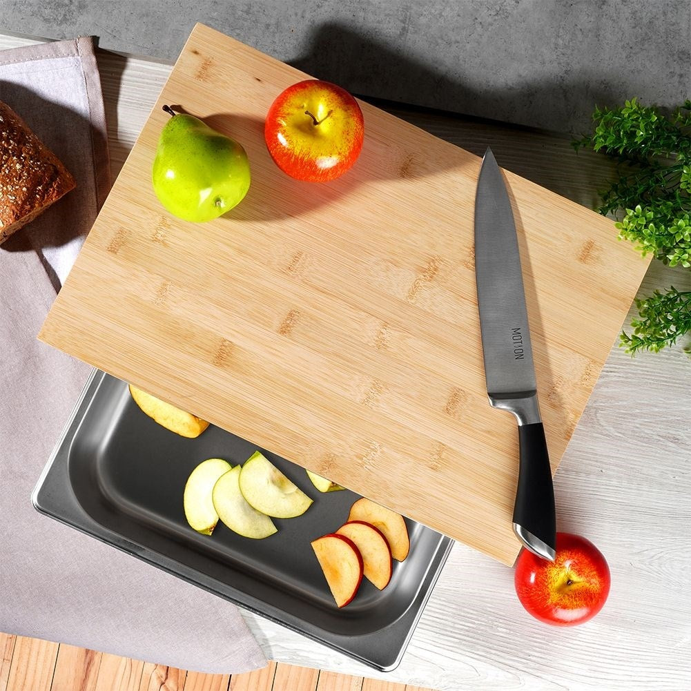 Bamboo cutting board with extendable steel container
