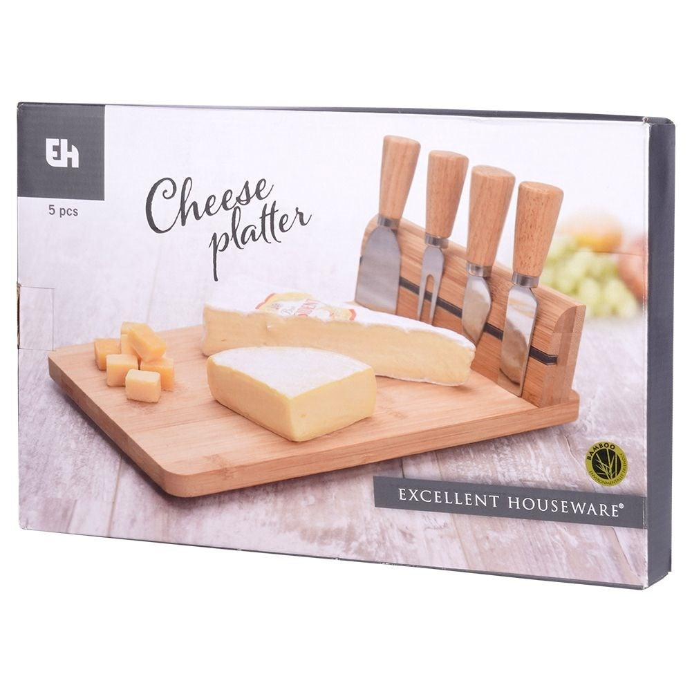 Bamboo cutting board with knife set and magnetic strip for cheeses