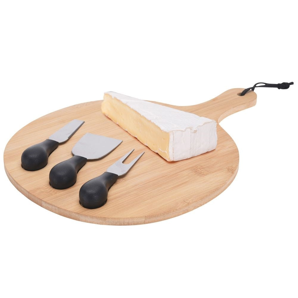 Bamboo cutting board with knife set for cheese cutting and serving