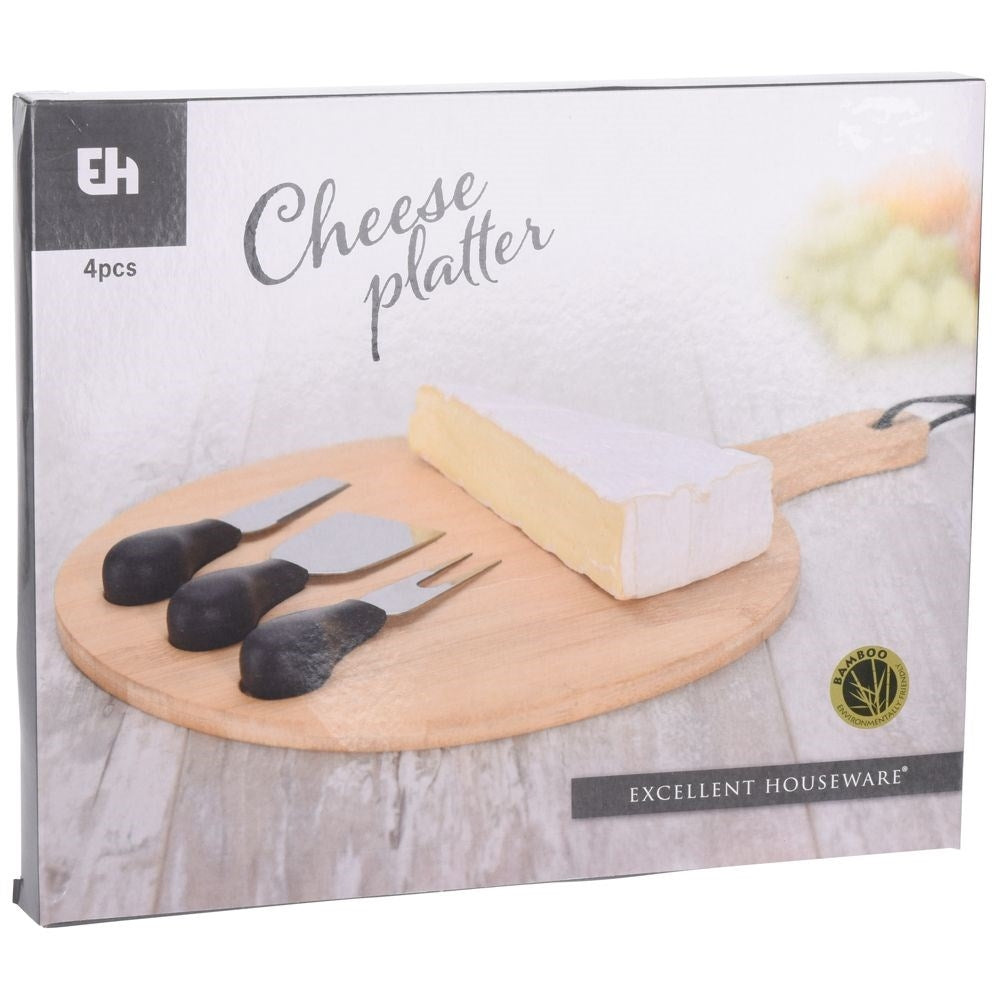 Bamboo cutting board with knife set for cheese cutting and serving