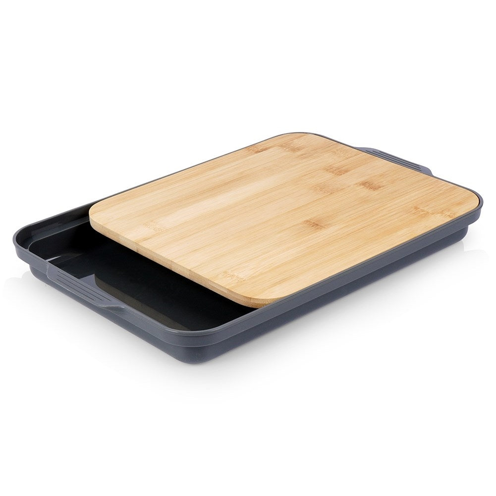 Bamboo cutting board with plastic tray, divided into two parts