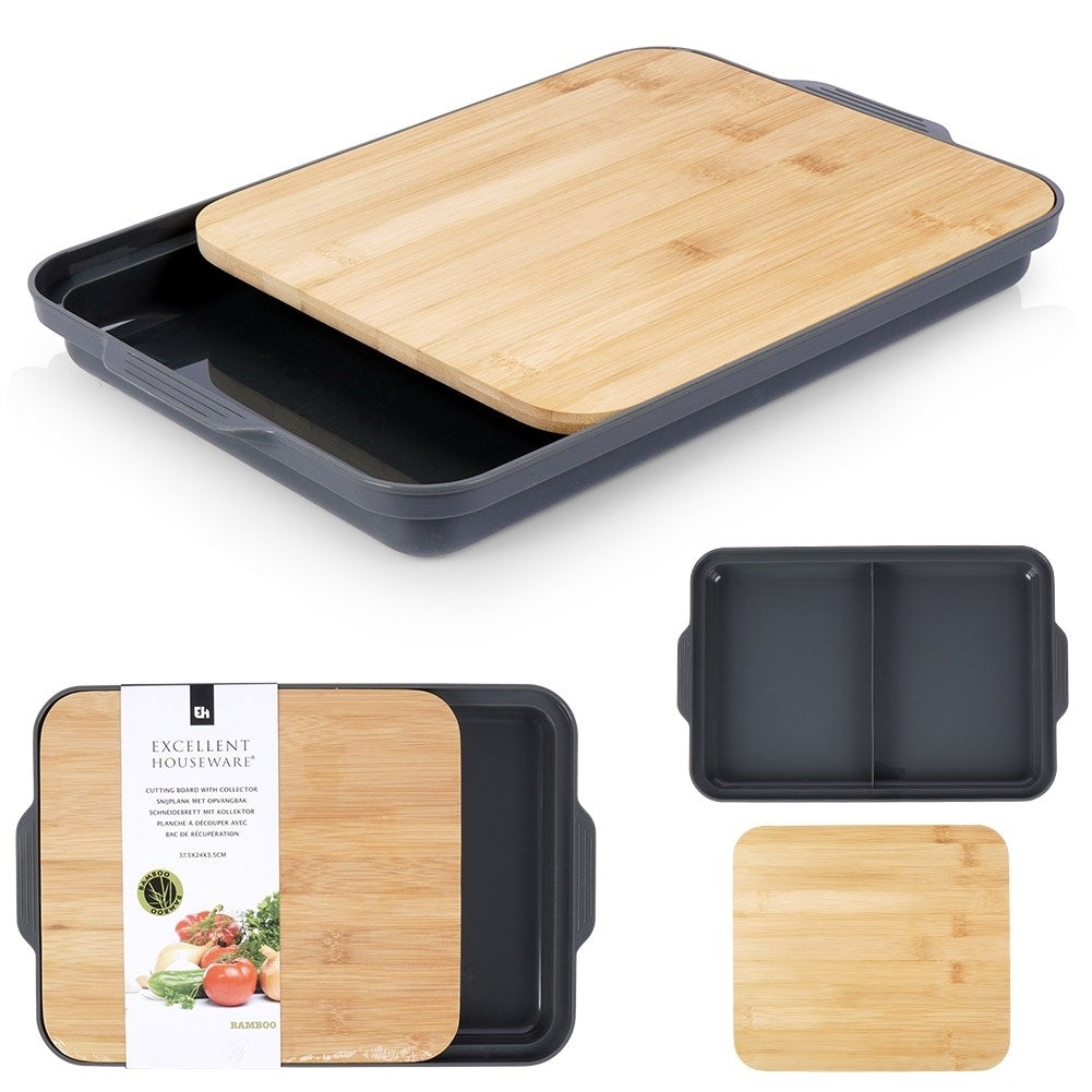 Bamboo cutting board with plastic tray, divided into two parts