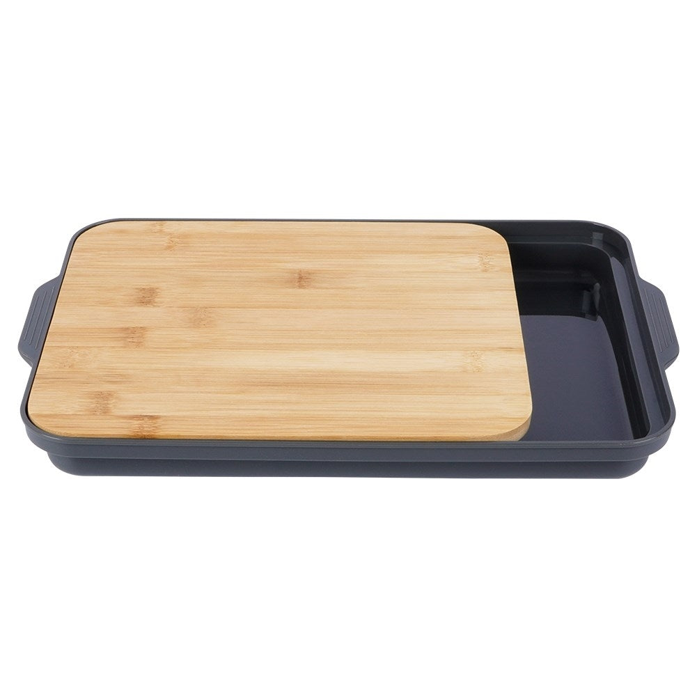 Bamboo cutting board with plastic tray, divided into two parts