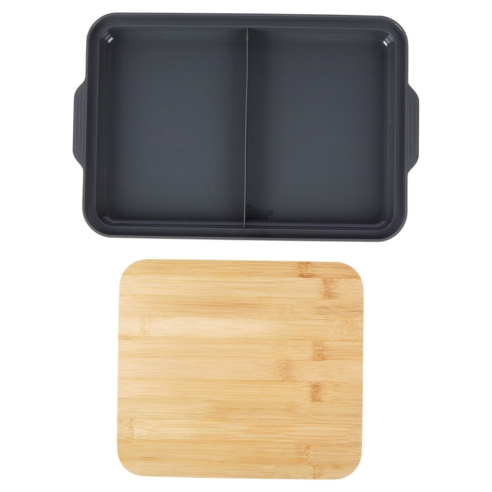 Bamboo cutting board with plastic tray, divided into two parts