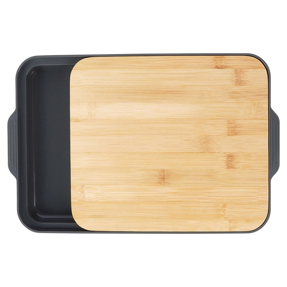 Bamboo cutting board with plastic tray, divided into two parts