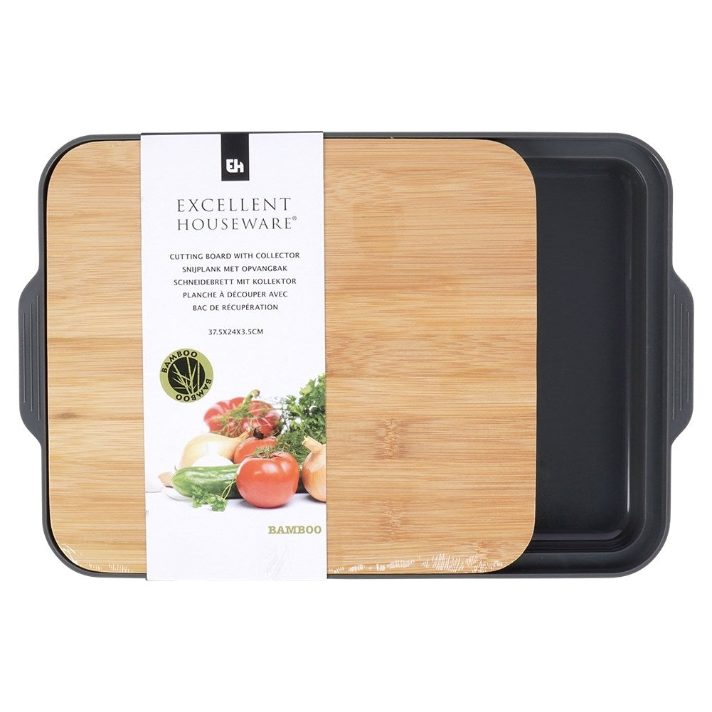 Bamboo cutting board with plastic tray, divided into two parts