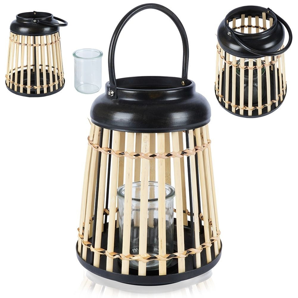 Bamboo lanterns for tealights with metal frame and glass insert